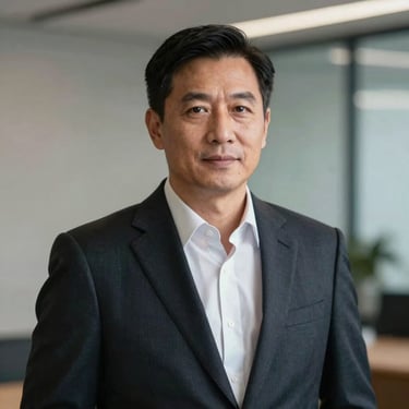 A professional portrait of a business leader in North American / US, wearing a tailored dark suit, looking confident and focused in a corporate setting.