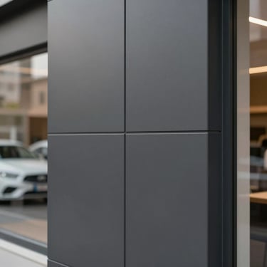 A close-up of a matte charcoal ACM panel installation on a commercial storefront, showcasing perfectly aligned joints.