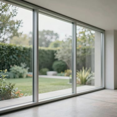 Interior view of large minimalist aluminum window frames overlooking a high-end garden, emphasizing transparency.