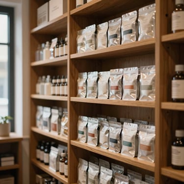 Warm indoor ambient shot of clean wooden apothecary shelving displaying neatly organized, compliant packaged products, soft natural light from a side window.