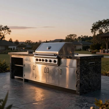 Hyper-realistic architectural 3D render of a sleek stainless steel and dark granite outdoor kitchen island, built-in grill, twilight with warm task lighting, cinematic editorial style, 35mm.