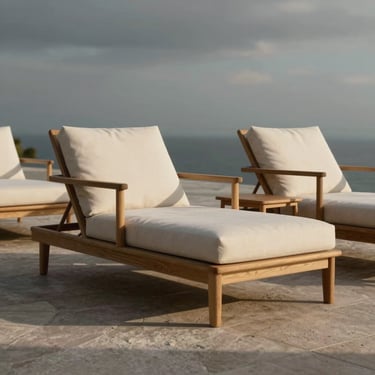 Hyper-realistic architectural 3D render of minimalist teak outdoor lounge chairs with off-white cushions on a stone terrace, soft overcast daylight, cinematic editorial style, 35mm.