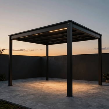 Hyper-realistic architectural 3D render of a minimalist black steel pergola structure over a concrete patio, twilight with integrated warm LED strip lighting, cinematic editorial style, 35mm.