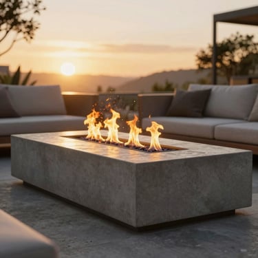 Hyper-realistic architectural 3D render of a raw concrete rectangular fire table with active flames, outdoor lounge seating, golden-hour light, cinematic editorial style, 35mm.