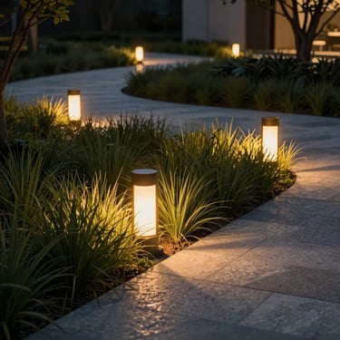 Hyper-realistic architectural 3D render focusing on warm low-voltage landscape lighting illuminating architectural grasses and a limestone pathway, night scene, cinematic editorial style, 35mm.
