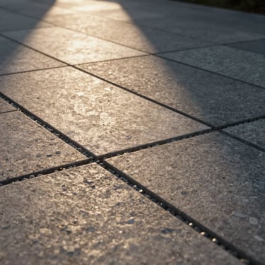 Hyper-realistic architectural 3D render close-up of large-format limestone pavers with neat gravel joints, dramatic side lighting from low sun, cinematic editorial style, 35mm.