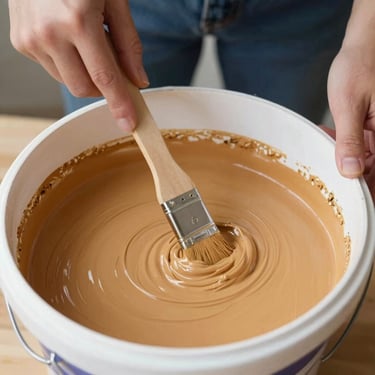 Hands holding a wooden paint stirrer mixing rich, saturated ochre paint in a clean bucket, natural light, 35mm