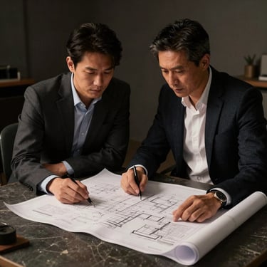 Low-key dramatic portrait of two architects reviewing blueprints on a dark stone table, warm side lighting, shadows, refined and professional studio atmosphere.