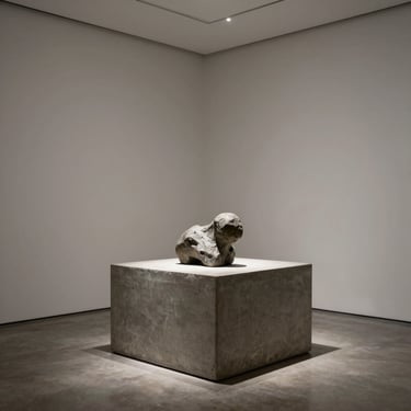 Precise 90-degree architectural angle of a minimalist gallery space, a single sculpture resting on a concrete plinth.