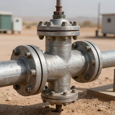 Stark close-up of a high-pressure steel natural gas pipeline manifold, industrial bolts, harsh midday desert sun casting sharp shadows.