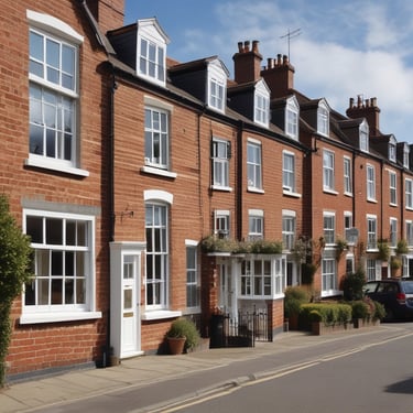 A friendly agent handing over keys to happy new homeowners in front of a charming country estate.