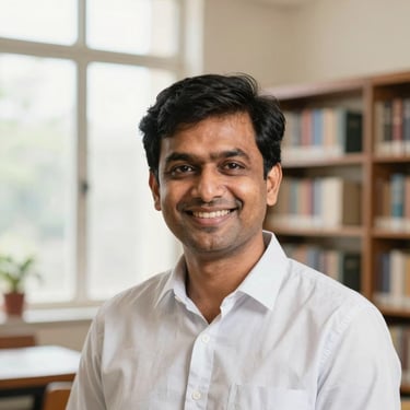 A professional headshot of a male Indian English teacher, warm smile, library background, natural daylight, 35mm lens.