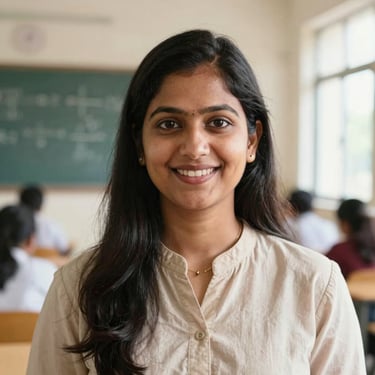 A professional headshot of a female Indian math teacher, warm smile, bright school background, natural daylight, 35mm lens.