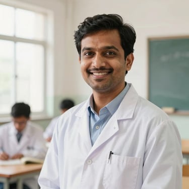 A professional headshot of a male Indian science teacher, warm smile, bright classroom background, natural daylight, 35mm lens.