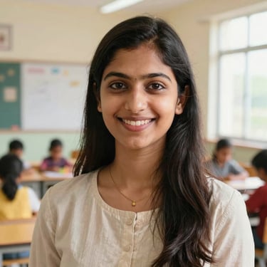 A professional headshot of a young female Indian teacher, warm smile, bright playgroup room background, natural daylight, 35mm lens.