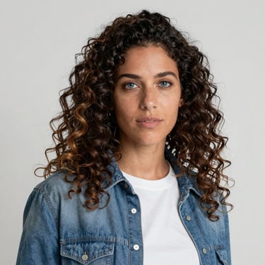 a dark-haired woman from Argentina with curly hair and dark blue eyes, dressed in casual clothes
