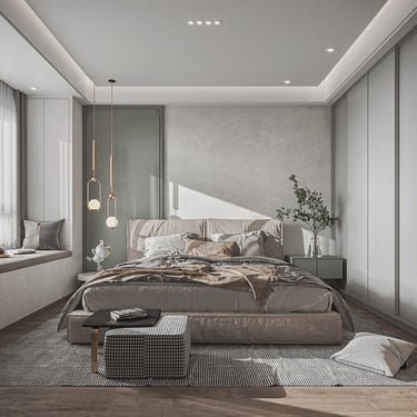 侘寂奶油風裝修案例-圓弧天花設計與大地色系客廳-幻想空間