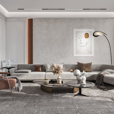 侘寂奶油風裝修案例-圓弧天花設計與大地色系客廳-幻想空間