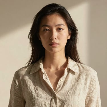 A quiet portrait of a female interior stylist in a linen shirt, low-contrast natural side light, warm cream background.
