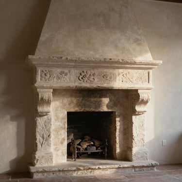 An architectural vignette of a hand-carved stone fireplace hearth meeting a raw plaster wall, soft diffused late afternoon light casting gentle shadows.