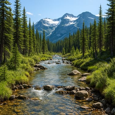 pristine Okanagan mountains and river with flowing clear water and lush greenery
