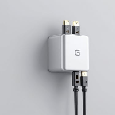 Heavy-duty data cables and multi-port gallium nitride GaN wall charger, clean studio lighting