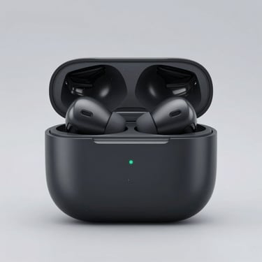 Crisp studio shot of sleek matte black wireless earbuds with charging case, clean reflections, neutral grey background
