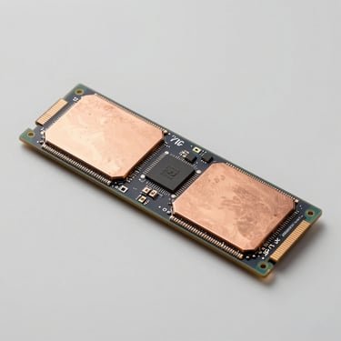 High-speed internal NVMe SSD with visible controller chip and copper heat spreader, clean studio setup