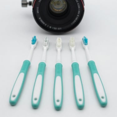 Symmetrical layout of five clinical interdental brushes with mint-teal handles, sterile white background, bright even lighting.