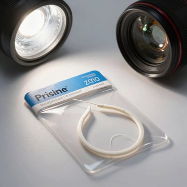 Pristine packaging of specialized orthodontic dental floss, clinical studio lighting, soft clean shadows.