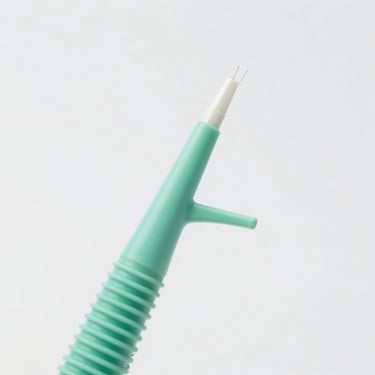 Macro shot of a mint-green dental floss dispenser, clean clinical studio lighting, crisp white background.