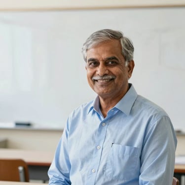 A professional portrait of a senior male Indian professor in a light blue shirt, smiling warmly in a bright classroom with a whiteboard in the background.