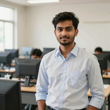 A professional portrait of a young male Indian instructor in a smart casual shirt, standing in a modern computer laboratory.