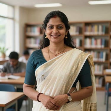 A professional portrait of a female Indian educator in a neat saree, smiling confidently in a brightly lit academic library.