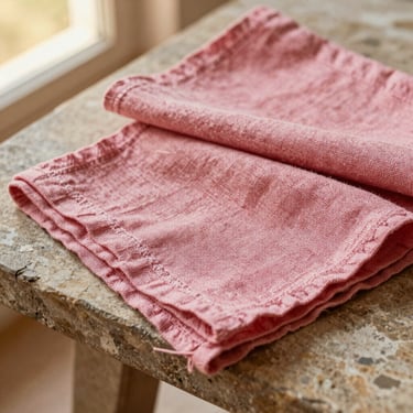 Close-up of woven pink and terracotta Italian linen napkins draped over a rustic stone table, natural fibers