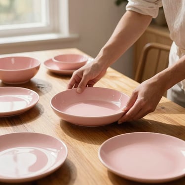 Hands of an interior designer arranging pink ceramic tableware on a sunlit wooden dining table, editorial style