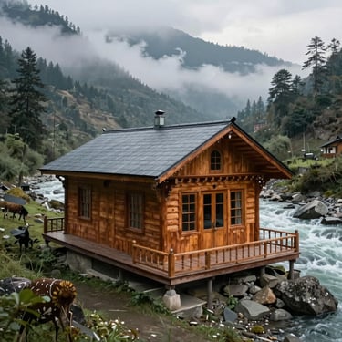Luxury wooden cabin overlooking the rushing Beas River in Manali, misty mountains.
