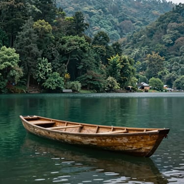 A quiet wooden boat floating on the emerald waters of Nainital Lake, forested hills.
