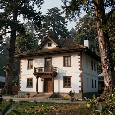 Charming heritage cottage in Shimla surrounded by tall deodar trees, soft sunlight.