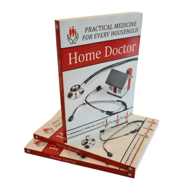 Book cover of “Home Doctor: Practical Medicine for Every Household” featuring a stethoscope and hous