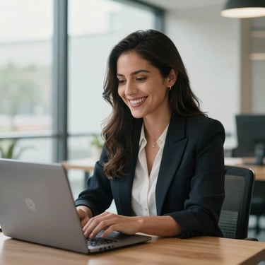 Plano medio de una contadora mexicana sonriendo de manera natural frente a su laptop en una oficina moderna y luminosa, con luz de ventana difusa.
