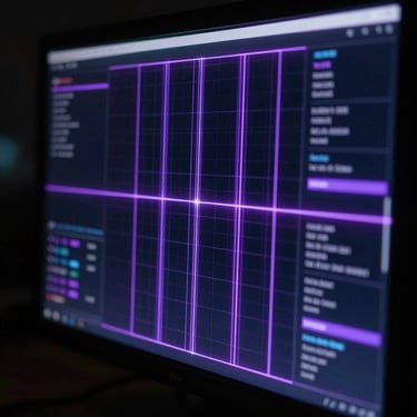 Close-up cinematic frame of a glowing digital interface screen in a pitch-black room, neon violet data streams reflected on a dark glass surface, atmospheric depth, no visible person