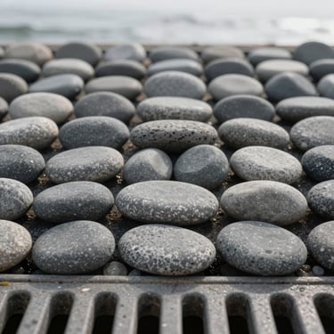 Extreme close-up of clean, gray river stones neatly layered over a professional drainage grid, soft overcast coastal light, focusing on the texture of the stone.