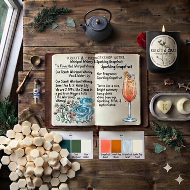 Krikit & Crab desk flat lay with black candle, wax melts, and journal showing scent notes for Whimsy and Grapefruit.