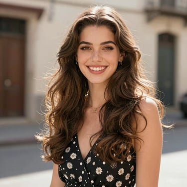 Close-up of a woman gently touching her glossy, healthy hair in soft natural light.