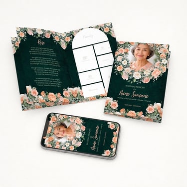 Dark botanical funeral program template editable in Canva