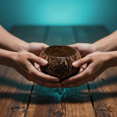 Close-up of two hands passing a coconut shell cup between them under neon cyan overhead light, worn wooden table surface below, deep moody shadows framing the exchange, no faces visible, intimate and ceremonial framing