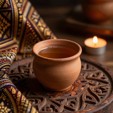 Close-up of a small clay cup of herbal kava-adjacent drink on a hand-carved wooden surface, warm candlelight from below, Thai temple textile draped at the edge of frame, deep amber tones and soft focus background