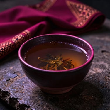 Close-up of a dark ceramic bowl of herbal drink on aged stone, neon magenta edge-light catching the rim, Cambodian silk fabric folded in the background, moody low-light atmosphere with deep shadows
