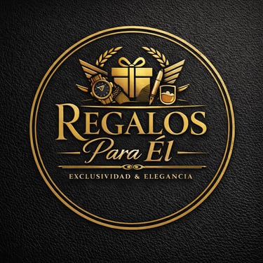 Logotipo elegante en dorado de Regalos Para Él, con un reloj, un bolígrafo y un estuche de regalo so